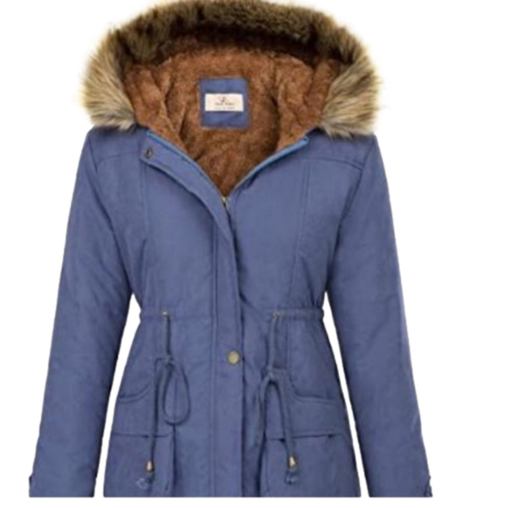 Nwt Grace Karin Blue Zip Front Parka Faux Fur Hooded Puffy Winter Coat - Size Xl